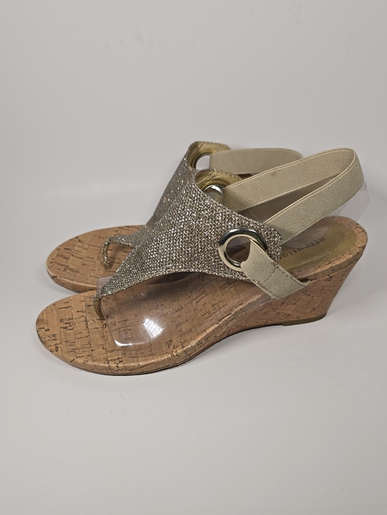attention Shoes - Womens Gold Glitter Cork Wedge Sandals Size 8M